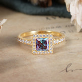 Princess Cut Alexandrite Engagement Ring Half Eternity Halo Promise Ring